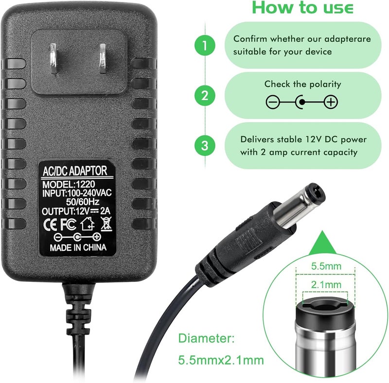 MADOWL DC Power Supply Adapter, 12V 2A, Black, 5.5 x 2.1mm Center Positive Connector, for Guitar Pedals, Piano Keyboards, Electronic Musical Instruments - Image 3
